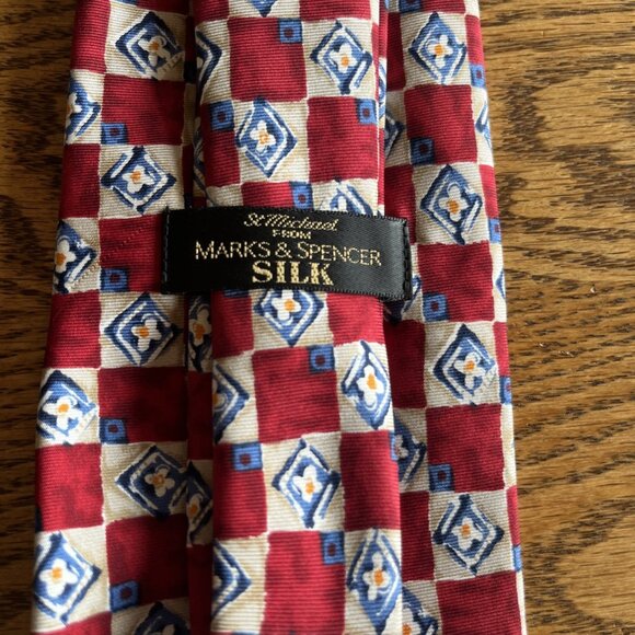 St. Michael Marks & Spencer Silk Tie Made In England Red Blue Floral Geometric - Picture 4 of 7